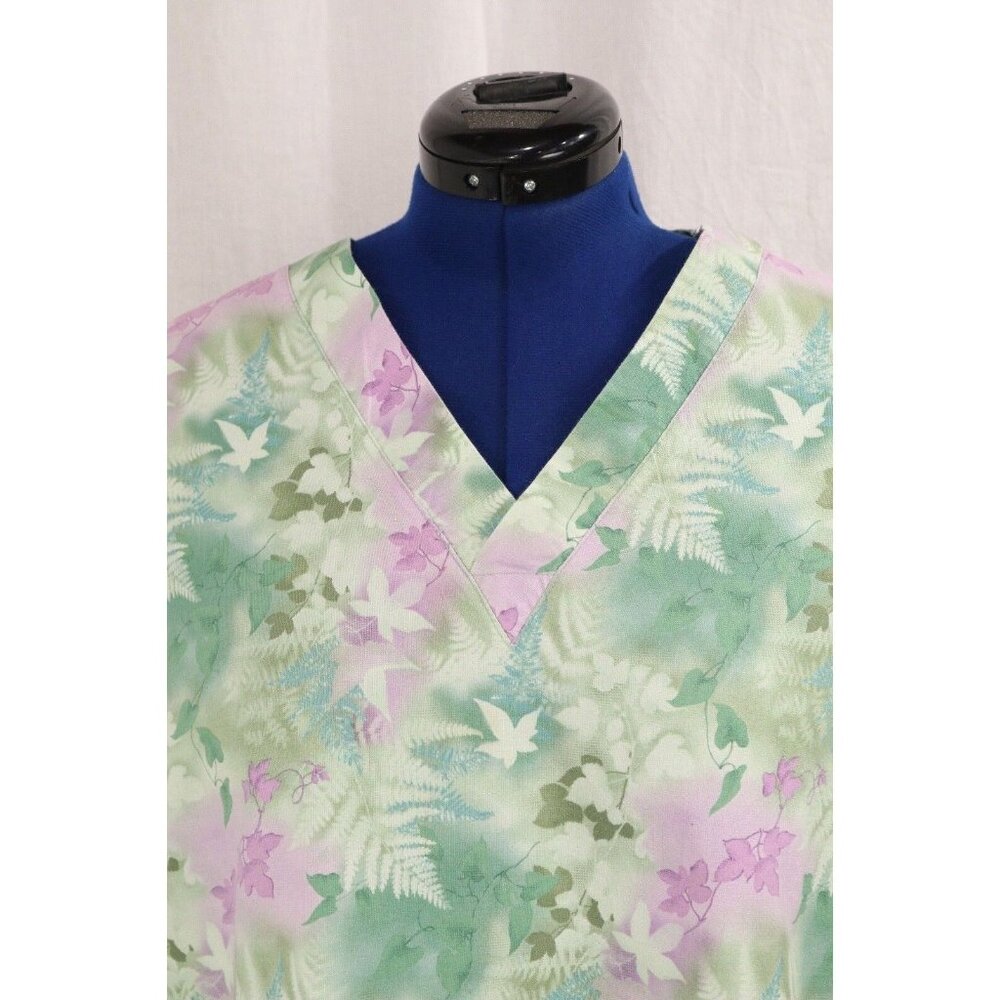 MG Medgear Scrub Top Women XL Green Leaf Floral Medical Uniform Shirt V Neck VTG - Picture 2 of 12